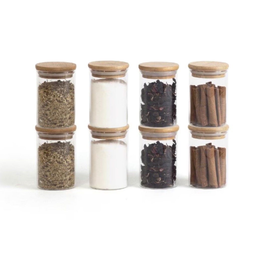 Kit 8 Pote Porta Temperos Mantimentos Design Sofisticado Tampa De Bambu Hermético 250ml