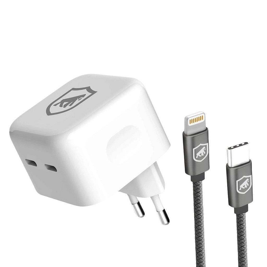 Cabo Symetric - Lightning / Tipo C - 1,5M + Carregador de Parede Turbo Duplo - Gshield em Oferta na Shopee