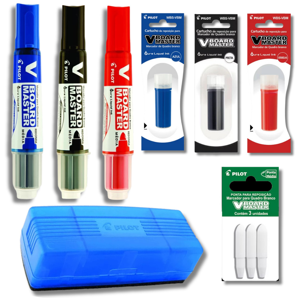 Kit 3 Marcadores Quadro Branco Recarregável + Refil + Apagador + Refil de Ponta PILOT AZ, PR e VM