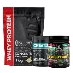 Kit Whey Protein Concentrado 1kg + Creatina 300g + Pré Treino Evolution Pré Workout 300g - Soldiers Nutrition