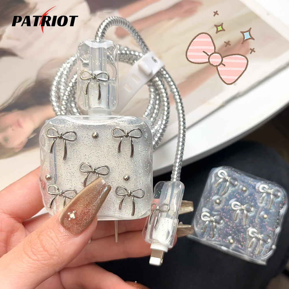 1 Conjunto De Capa Protetora Do Carregador De Nó De Laço Prateado-Compatível Para Iphone 18W/20W-INS Sweet Cool Style Glitter Powder Charging Adapter Cover-Anti-Quebra Cabo De Dados