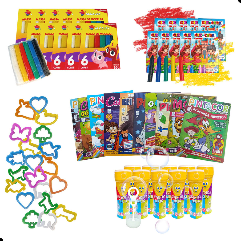 Kit 10 Bolha de Sabão + 10 Livro de Colorir + 10 Giz de Cera + 20 Cortador + 10 Massinha lembrancinhas de aniversario i