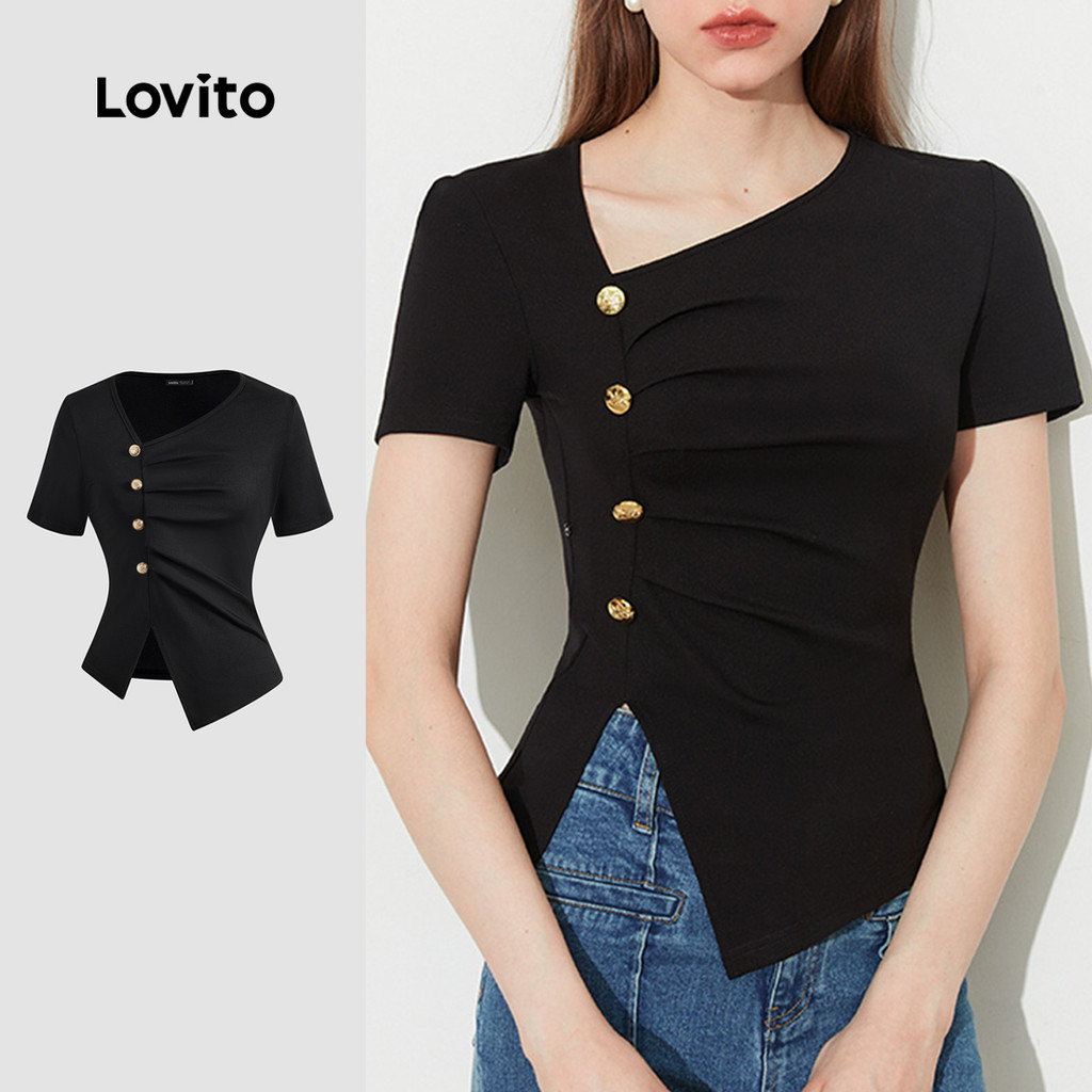 Lovito Camiseta Casual Lisa Assimétrica Verão/primavera Para Mulheres L124AD358 em Oferta na Shopee