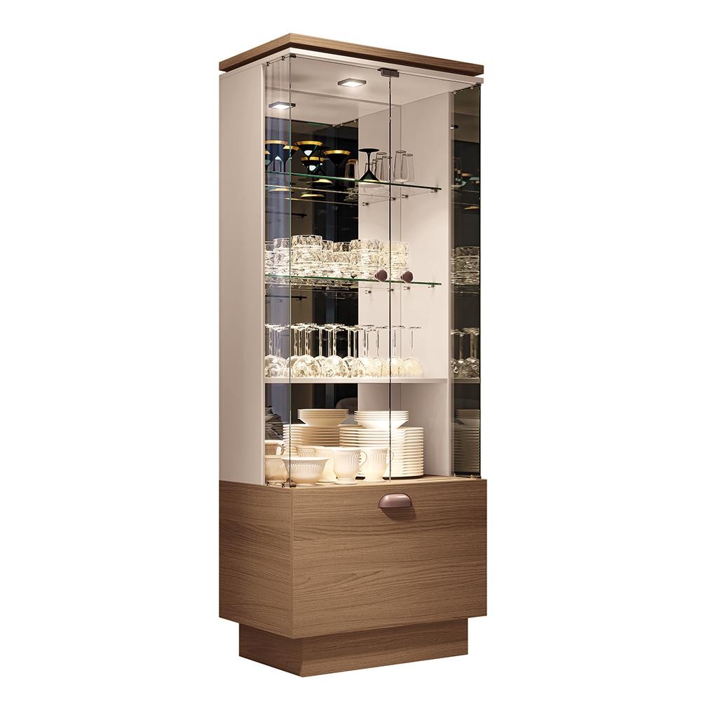 Cristaleira Decorativa Aura com LED Portas de Vidro Nicho Adega Castanho/Off White G26 - HB Móveis