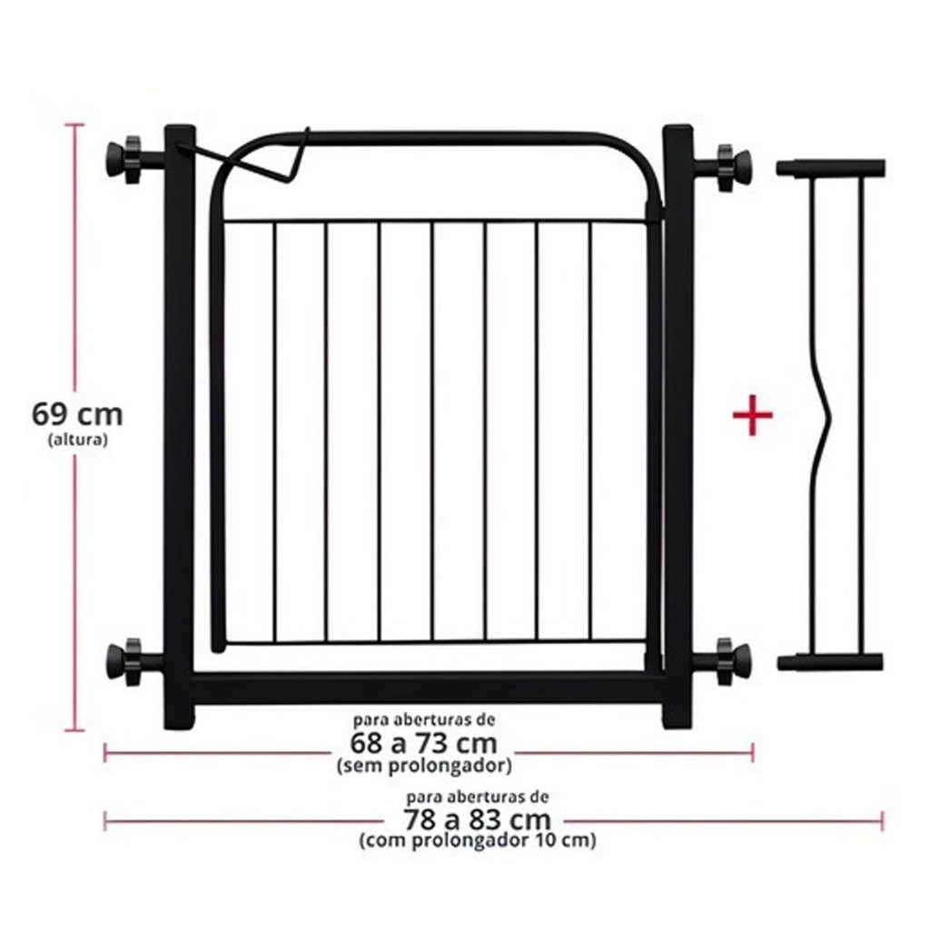 Portão Portãozinho Grade Pet De Proteção 69 A 83 Cm Forte Antiferrugem Preto Com Prolongador 10 Cm Incluso