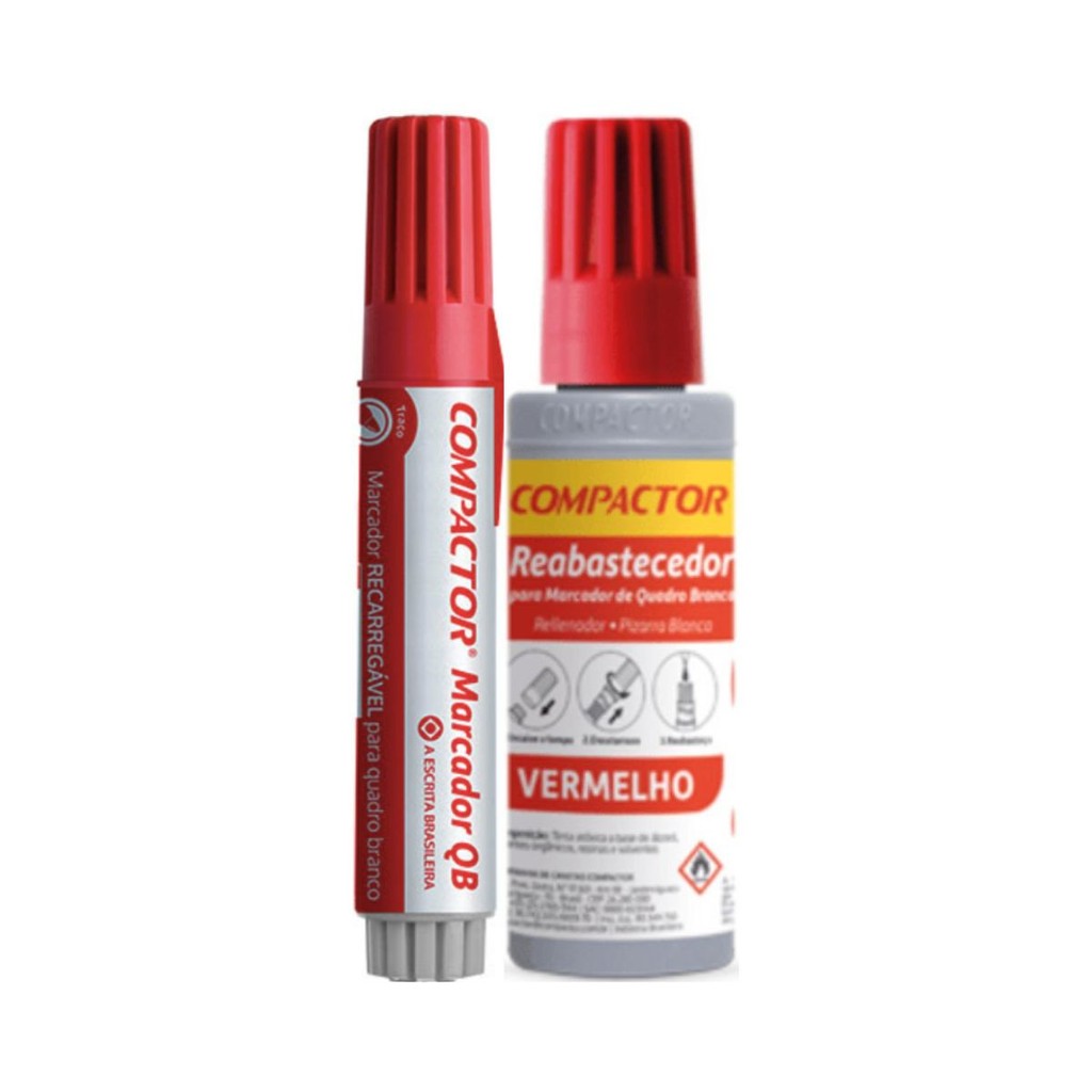 KIT MARCADOR DE QUADRO BRANCO + REFIL REABASTECEDOR COMPACTOR - VERMELHO