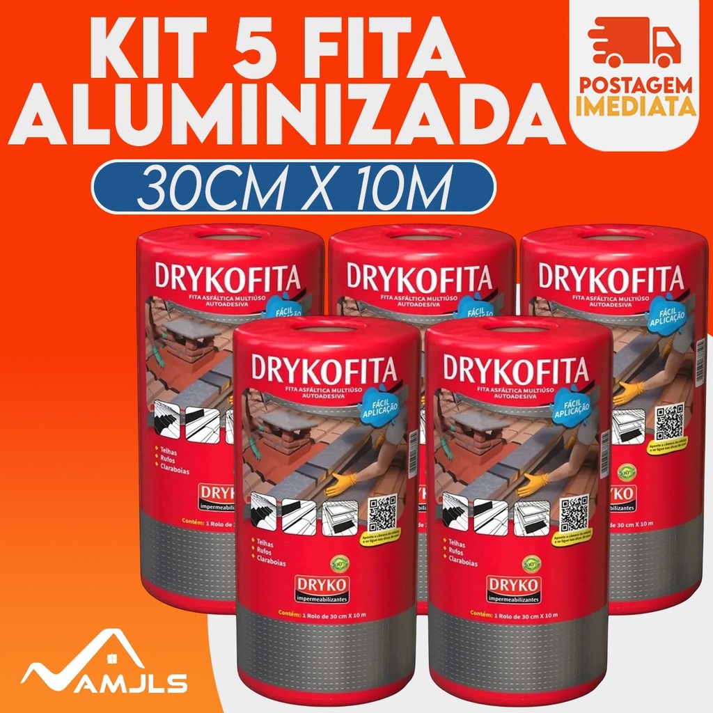 Kit 5 Fita Adesiva De Manta asfáltica adesiva Aluminizada Dryko - 30cm x 10m - DRYKOFITA