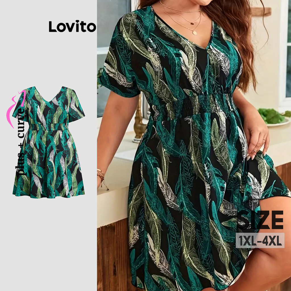 Lovito Vestido Plissado De Penas Boho Curva Plus Size Para Mulheres LBL20179 em Oferta na Shopee