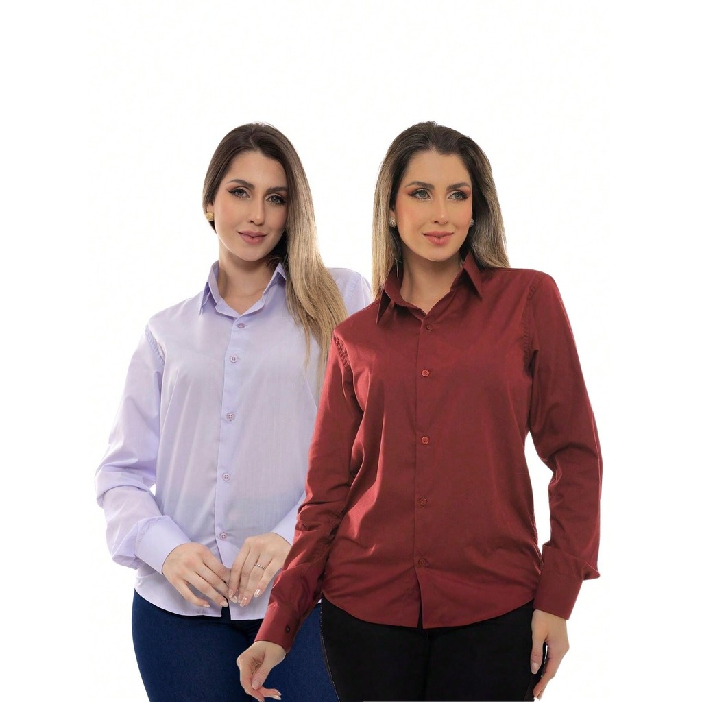 KIT Feminino 2 Peças - Camisa Social Manga Longa Slim Lisa Lilás e Camisa Social Manga Longa Slim Lisa Bordô