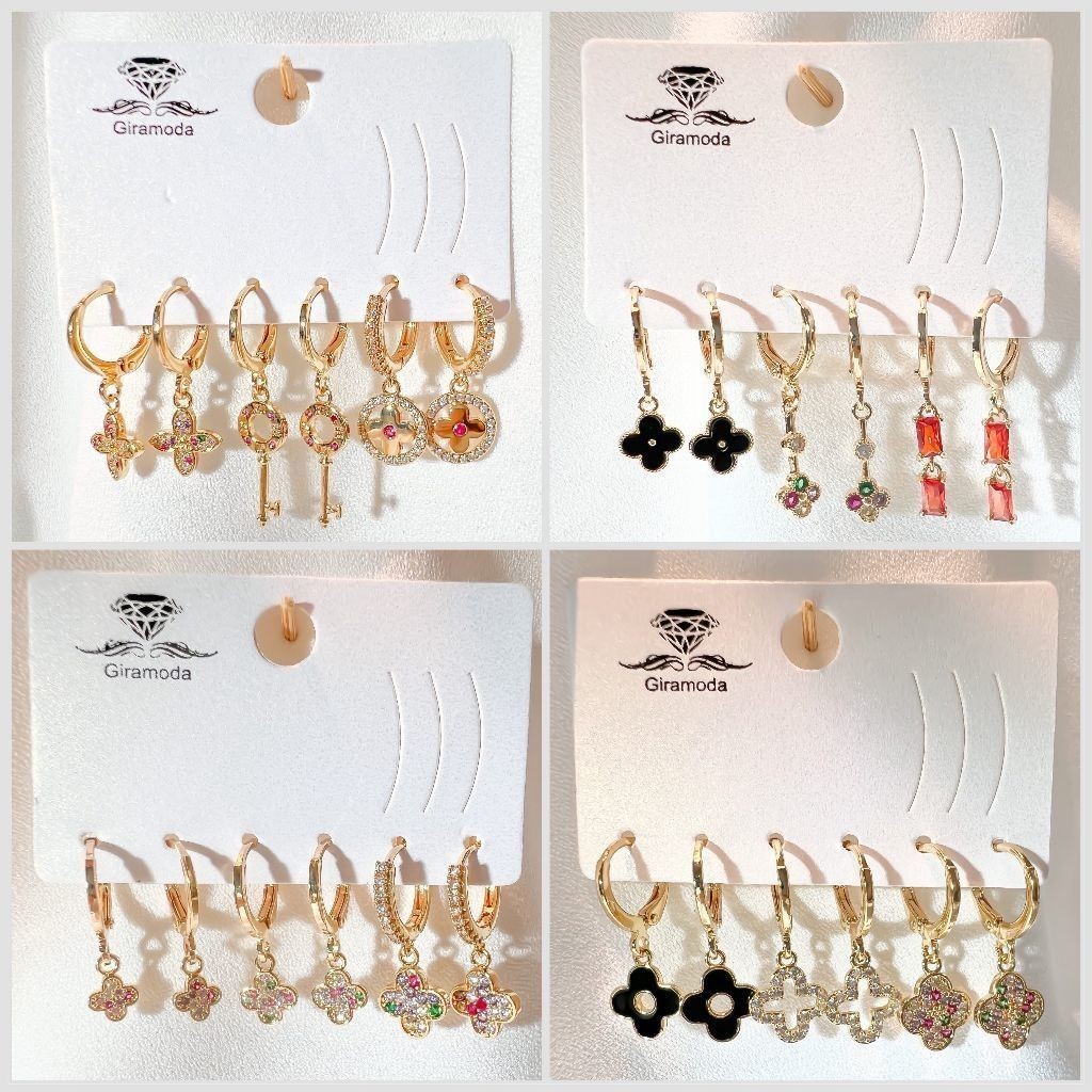 Kit 3 pares de brincos Argolas Cravejadas Pedra de Zirconia pingente trevo e chave Folheados a Ouro18k e Prata 925