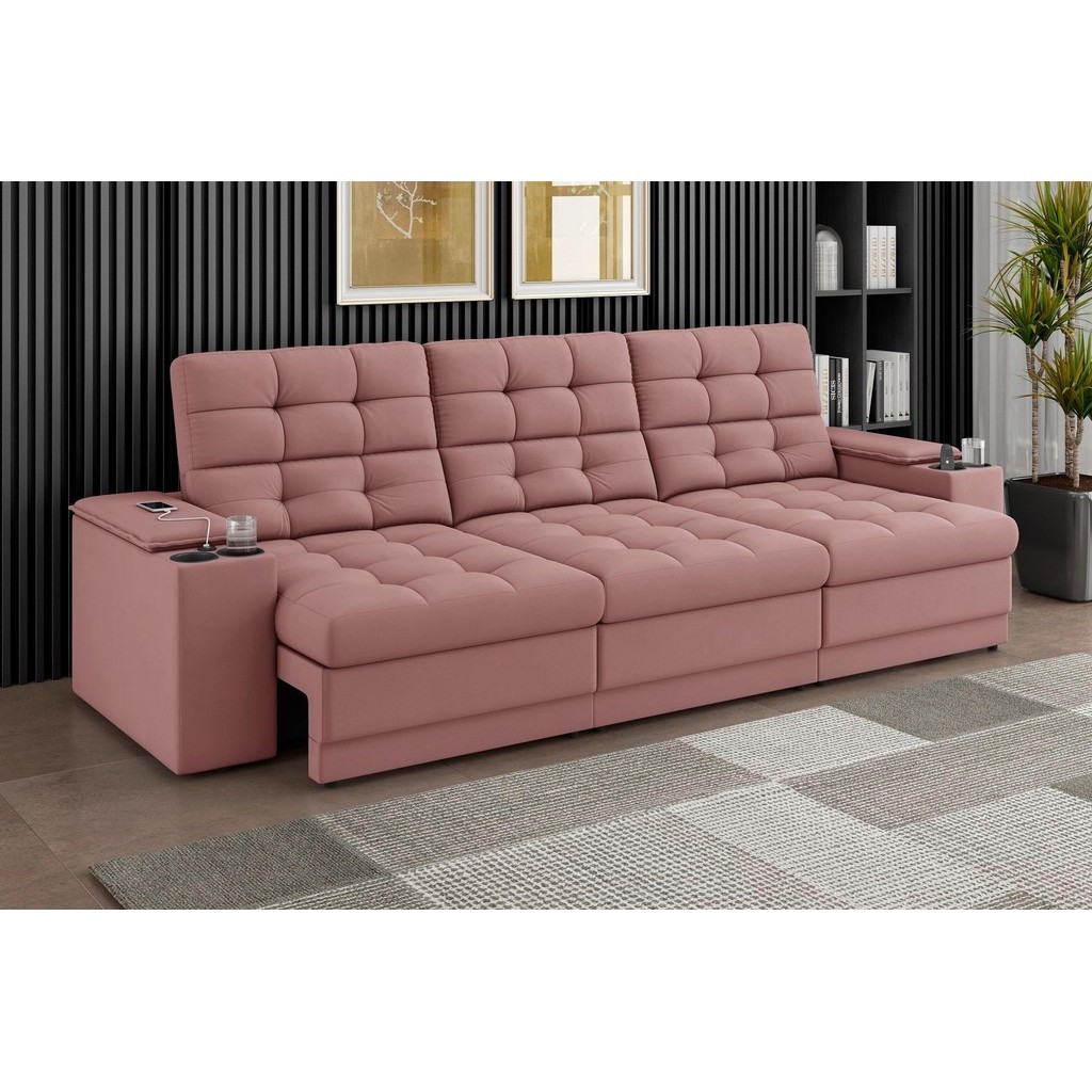 Sofá Confort Premium 2,30m Assento Retrátil/Reclinável porta copos e USB Suede Nude - XFlex Sofas