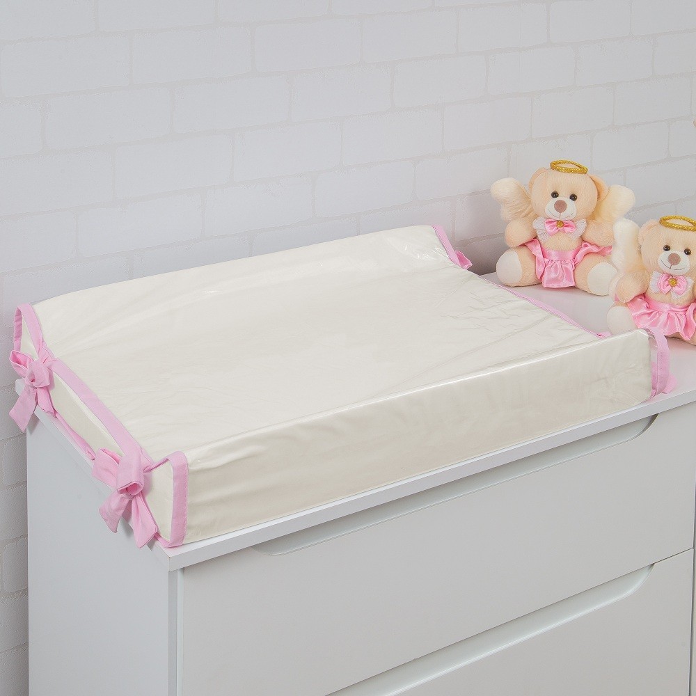 Trocador Americano Cômoda 65x45 Off White com Rosa Fraldas Impermeável Anatômico Capa Plástica