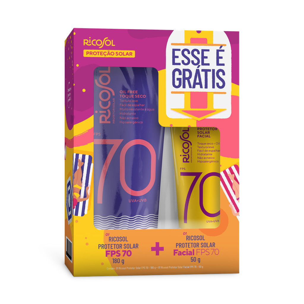 Kit  Ricosol Protetor Solar Corporal 180g + Protetor Facil 50g FPS 70 em Oferta na Shopee