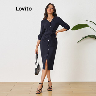 Lovito Vestido casual simples com cinto de botão para mulheres LBL10057