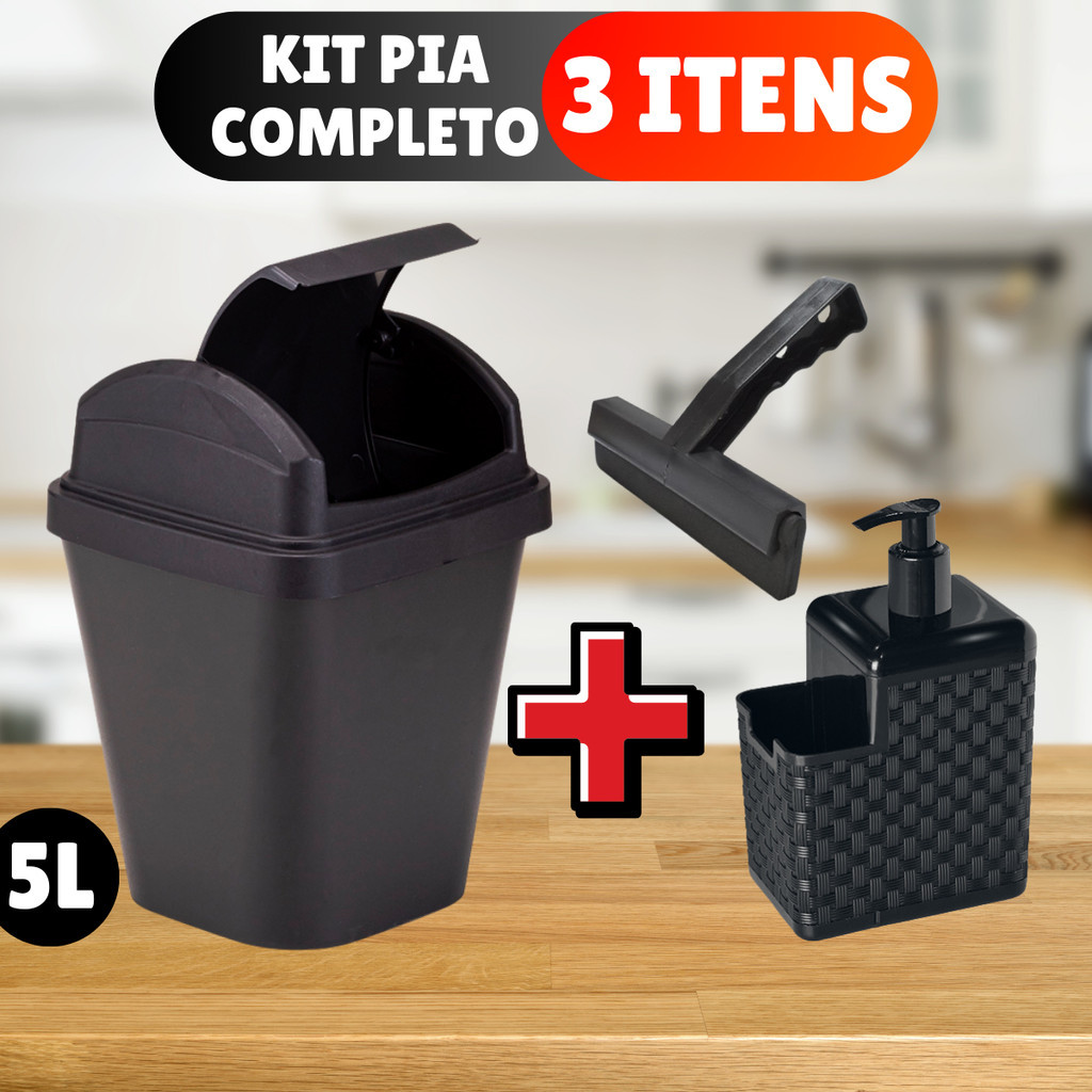 KIT Lixeira 5L com Tampa + Porta Detergente + Rodinho de pia Kit com 3 peças