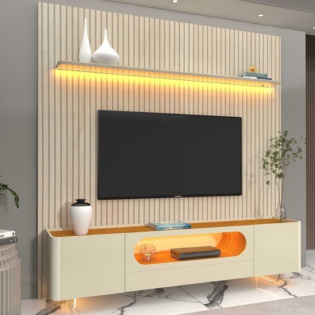 Rack com Painel para TV até 90 Polegadas 1 Gaveta 2 Portas LED Pés Vidro 220cm Requinte No...