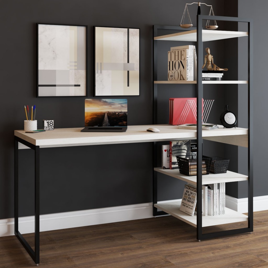 Mesa Escrivaninha Flex Industrial Aço 4 Prateleiras Snow/Preto - Panorama Móveis - Home & Living