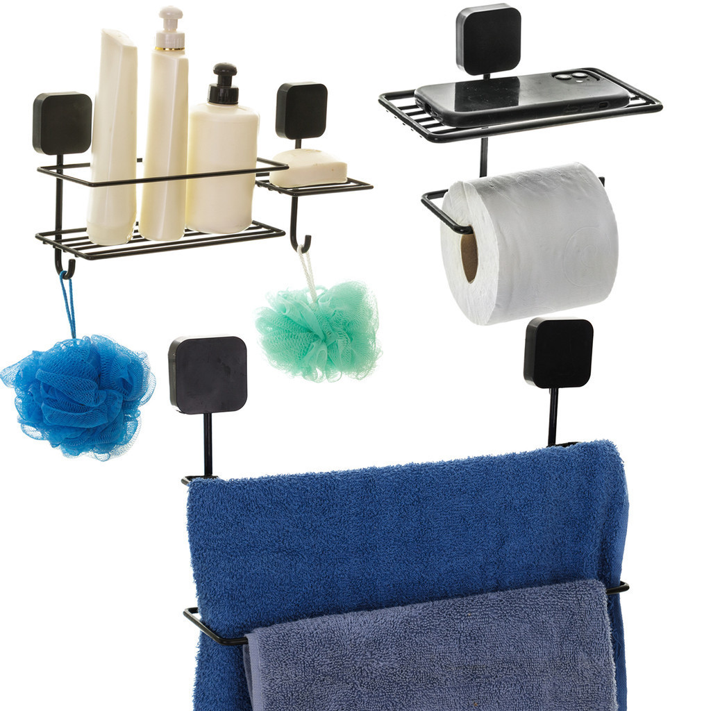 Kit para Banheiro 3pçs, Toalheiro Duplo, Suporte Papel com Porta Celular e Porta Shampoo com Saboneteira - Sem Furo