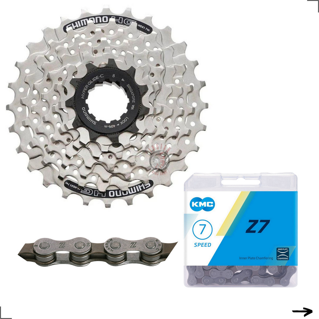 CASSETE 7V SHIMANO CS-HG41 11/28D + CORRENTE KMC Z7 CINZA 116 ELOS COM PINO - URBANO / ROAD em Oferta na Shopee