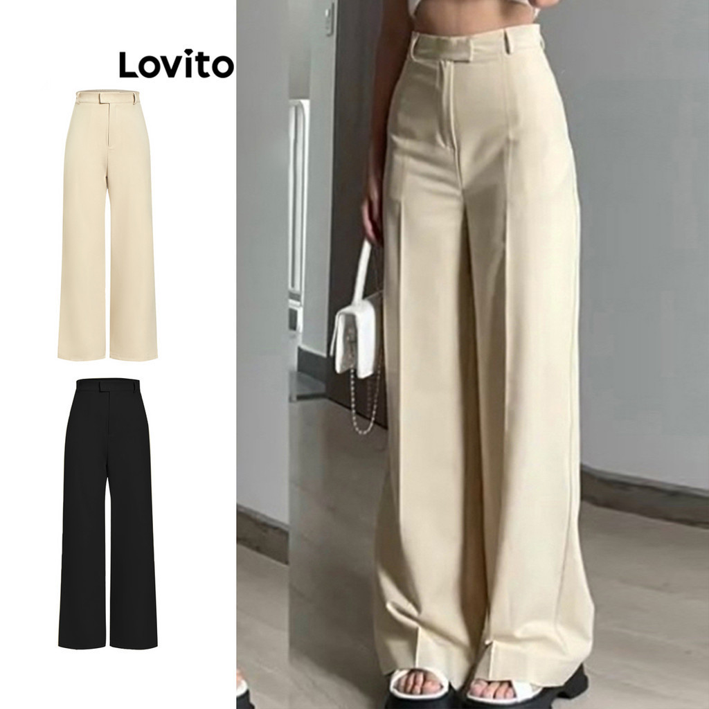 Lovito Casual Calça Feminina Lisa com Bolso L67AD135 (Cáqui)