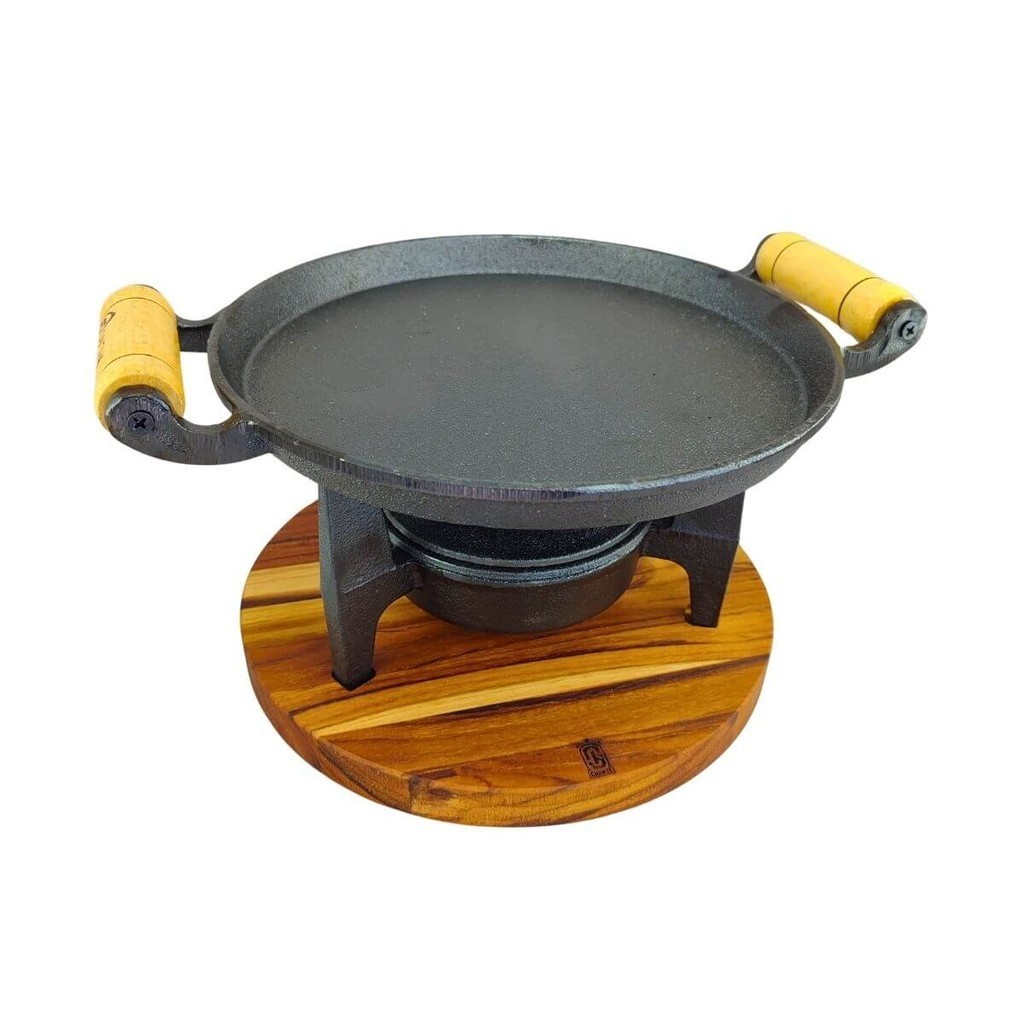 Kit Chapa Fogareiro De Ferro Fundido Com Suporte de Madeira em Oferta na Shopee