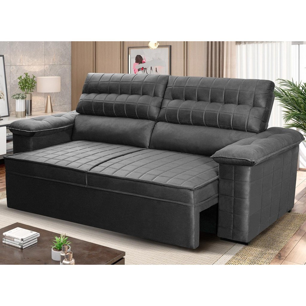 Sofá Retrátil Reclinável 3 lugares 2,00m Quantum Suede Velut Cinza - King House em Oferta na Shopee