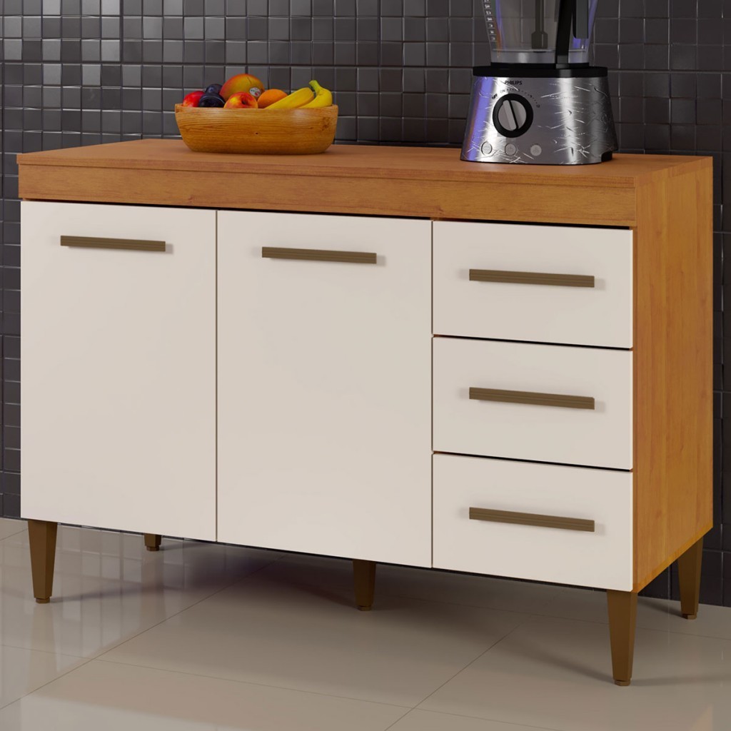 Balcão de Cozinha Virtus 2 Portas 3 Gavetas Nature/Off White - Kaiki Móveis em Oferta na Shopee