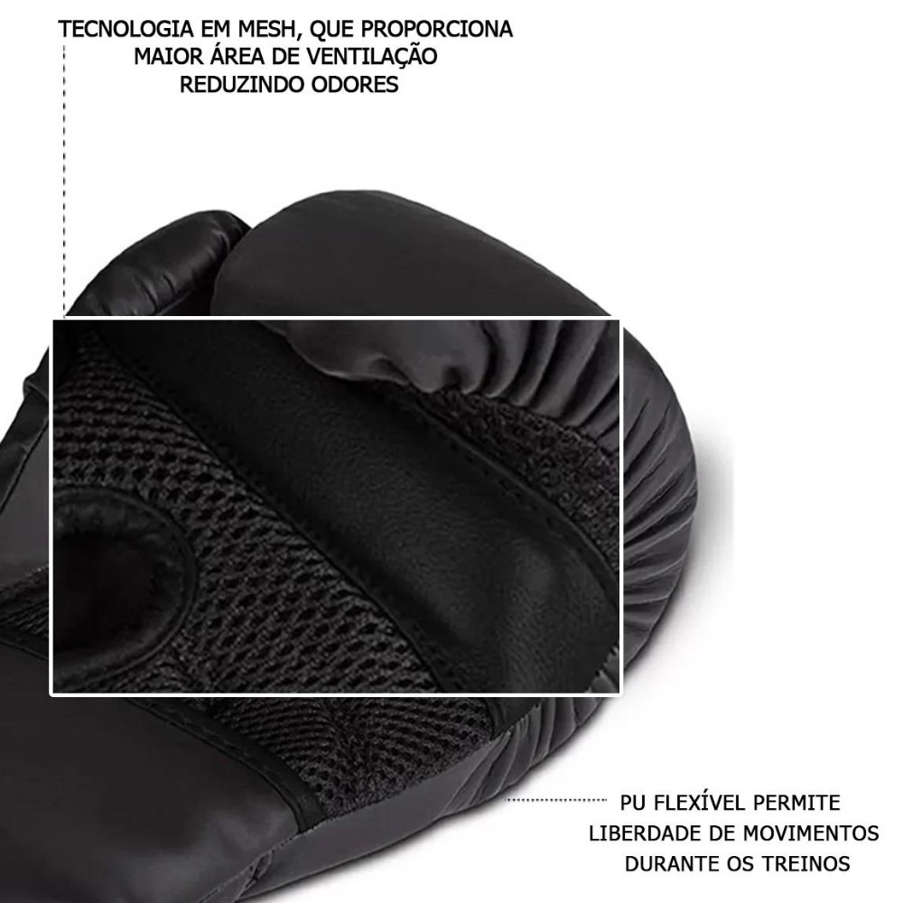 Detalhes do Kit Luva Black de Muay Thai e Boxe + Bandagem + Protetor Bucal + Bolsa, Preto/Dourado, 14 Oz