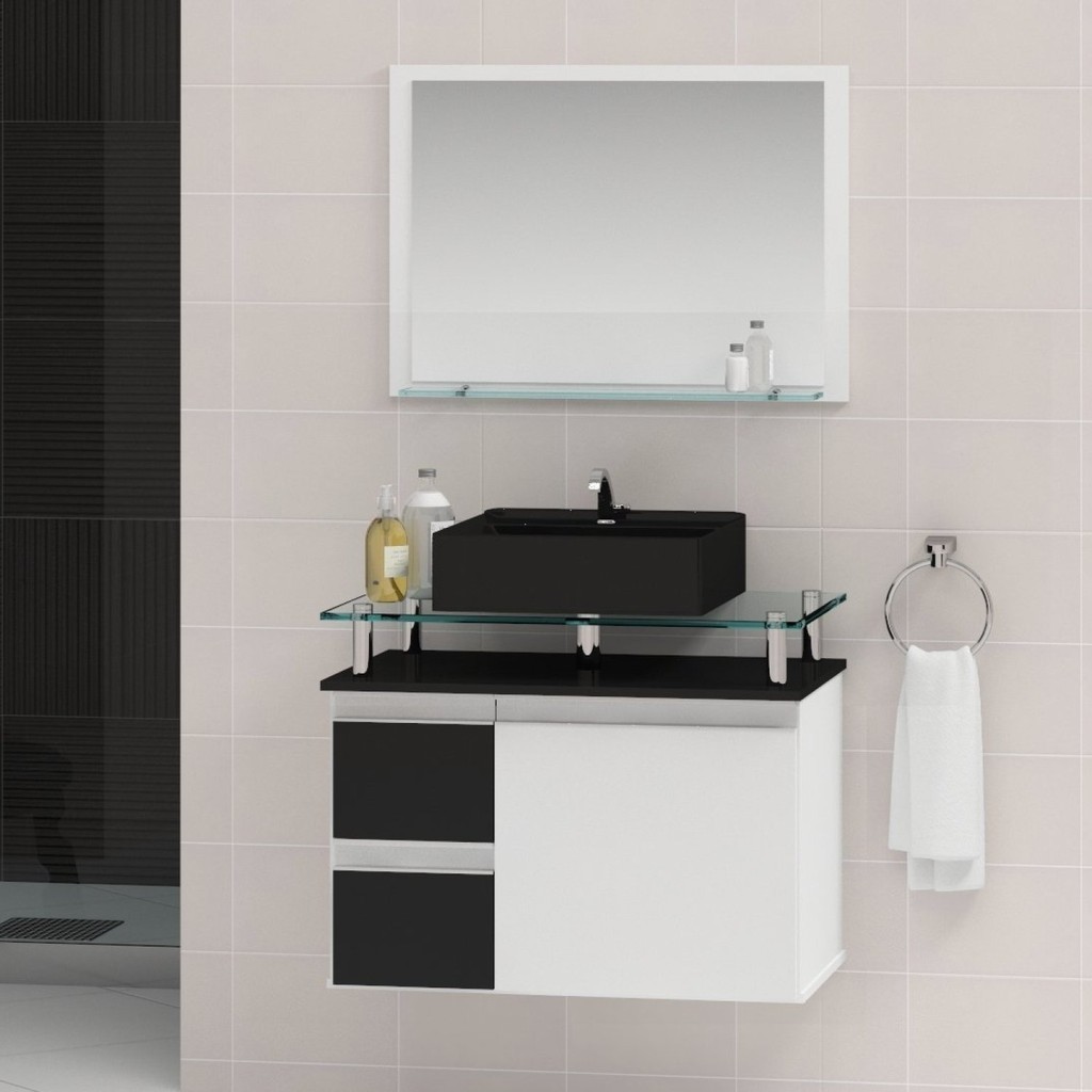 Conjunto para Banheiro Gabinete com Cuba e Espelheira 60cm Diamante  Preto em Oferta na Shopee