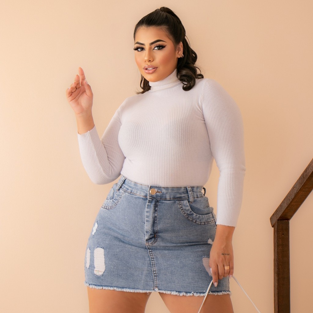 Saia Jeans Feminina Plus Size Barra Desfiada Cintura Alta em Oferta na Shopee