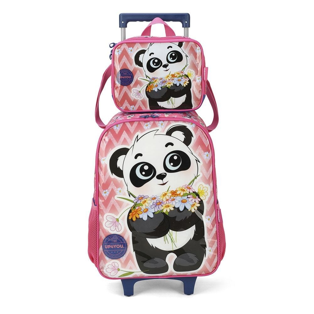 Kit Mochila Rodinhas com Lancheira UP4YOU Petit Panda Rosa Luxcel