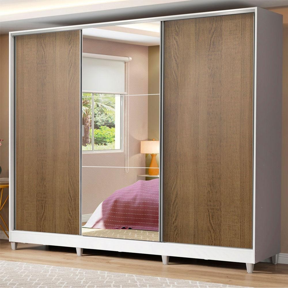 Guarda Roupa Casal 100% MDF Madesa Royale 3 Portas de Correr com Espelho com Pés - Branco/Rustic