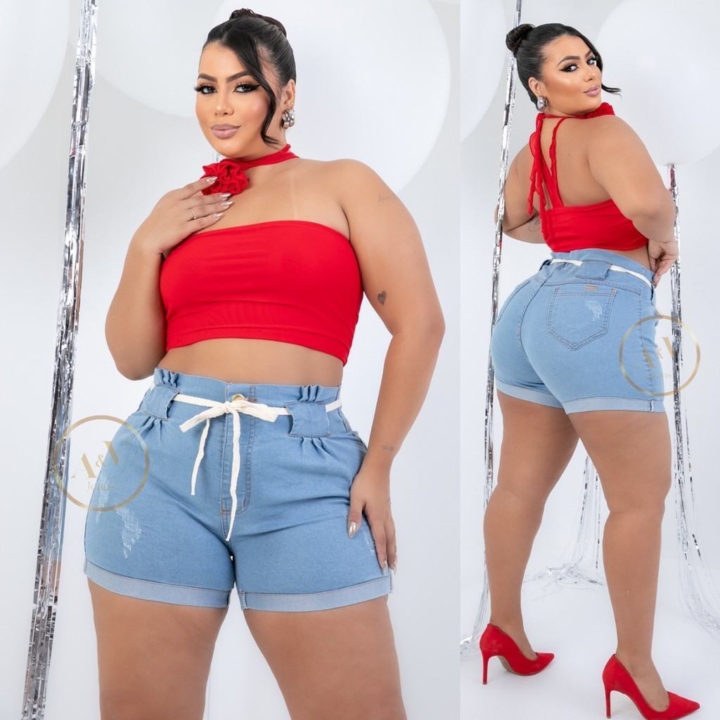 Short Jeans Feminino Plus Size Cintura Alta Com Lycra Com Laço