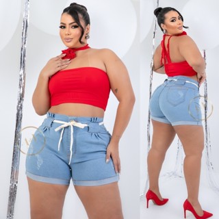 Short Jeans Feminino Plus Size Cintura Alta Com Lycra Com Laço em Oferta na Shopee
