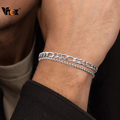 Conjunto De Pulseiras Masculinas Vnox Fashion 2 Peças , Corrente De Caixa De Aço Inoxidável E De Ligação Cubana , Joias