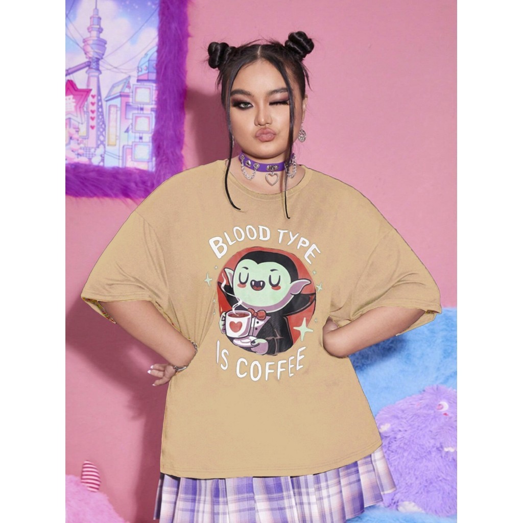 Camiseta Aesthetic Vampiro Café Estilo Oversized Blusa Larga Tecido Confortável Estampa Old School 