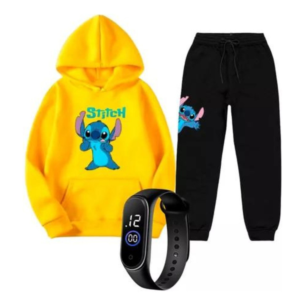 Conjunto Moletom Stitch Estampado Blusa Calça +relógio