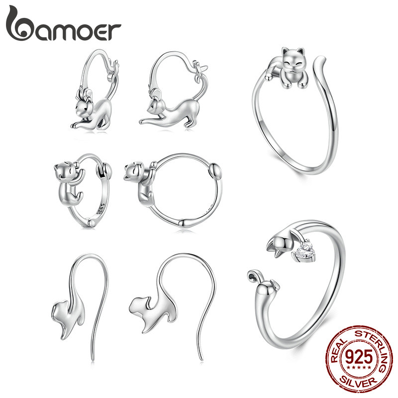 Bamoer 925 Prata Esterlina Brincos Anel Brincalhão Gato Jóias Presente Feminino