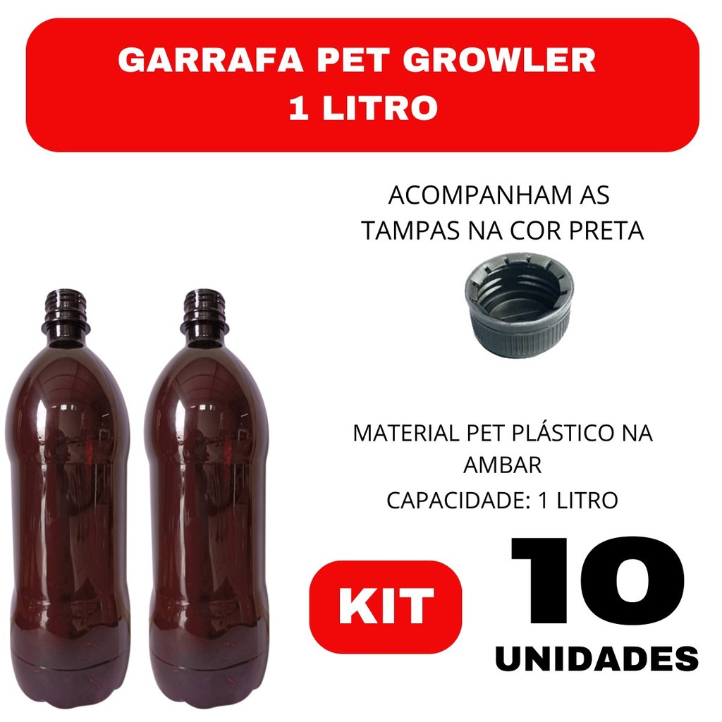 Kit 10 Growlers 1 Litro Garrafa PET para Chopp Cerveja Artesanal e Bebidas