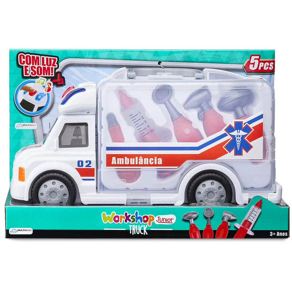 Brinquedo Caminhão de Primeiros Socorros Workshop Junior Truck com 5 Acessórios Luzes e Som Branco Multikids - BR900