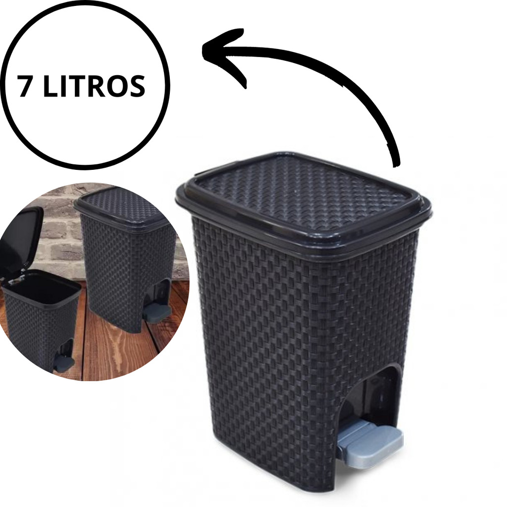 Lixeira 7 Litros com Pedal Rattan – Banheiro Cozinha Quarto Escritório Plástico Resistente