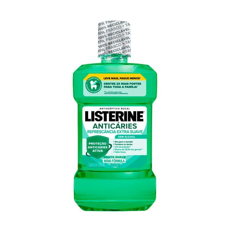 Frasco de 250 ml do Listerine Anticáries Sem Álcool Extra Suave