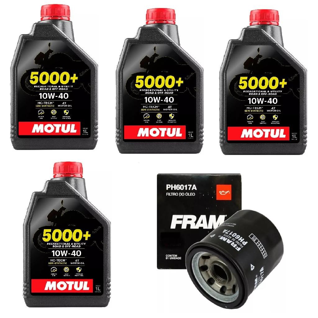 KIT TROCA ÓLEO 4x MOTUL 5000+ 10W40 4T + 1 FILTRO FRAM MT03 MT09 MT07 R3 NINJA 300 400 Zx6r Z750 Vulcan 900 TIGER 1050