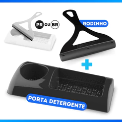 Kit Rodo Rodinho + Porta Detergente e Esponja de Pia Plástico Preto ou Branco