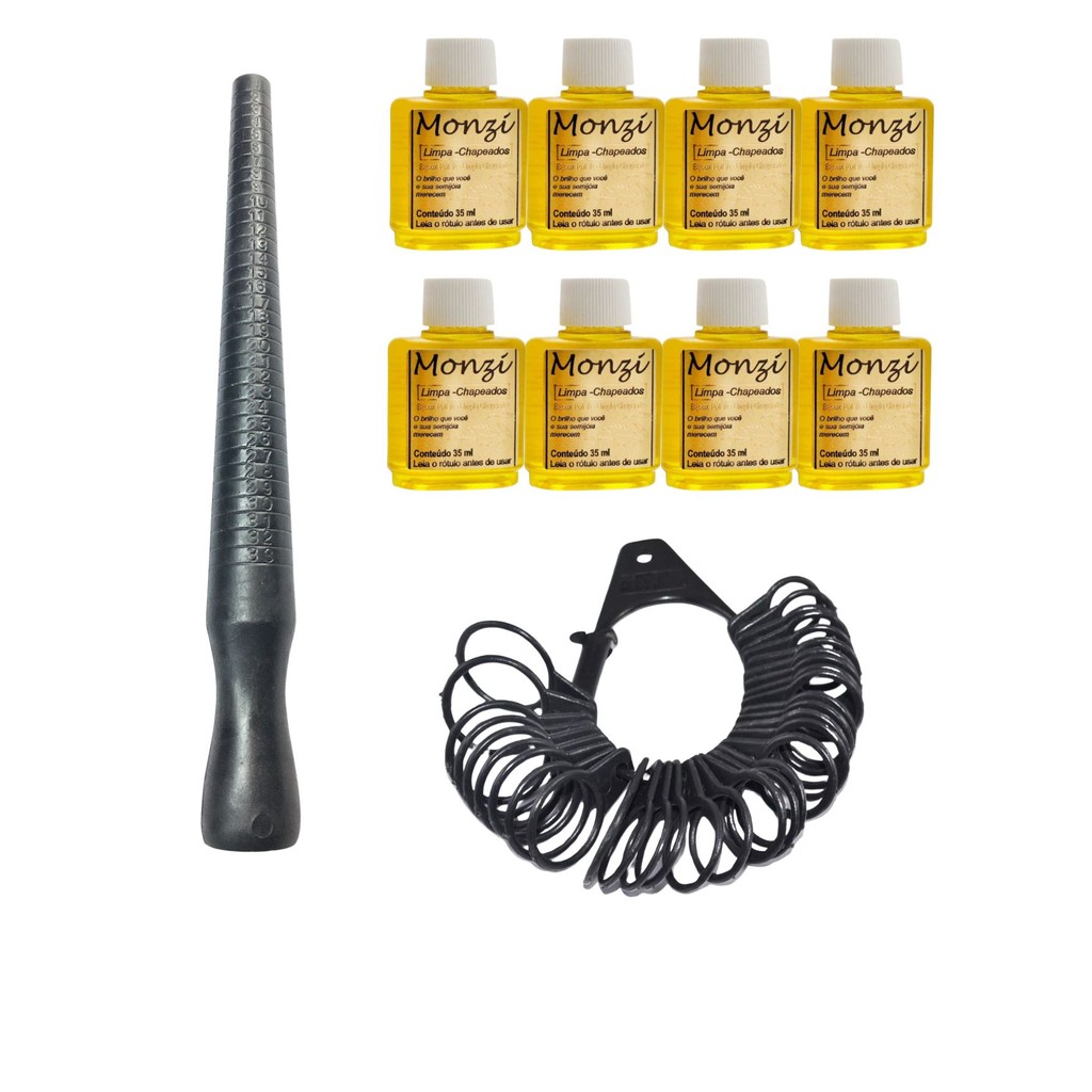 Kit 8Un Limpa Chapeados 35ml Semijóias Monzi+ 2 Aneleira Bastão Nº 1 ao 33 Medir Anel Aliança Dedo