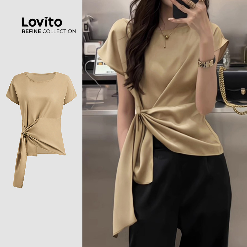 Lovito Elegante Top assimétrico liso com cinto para mulheres L123ED106 - Women Clothes