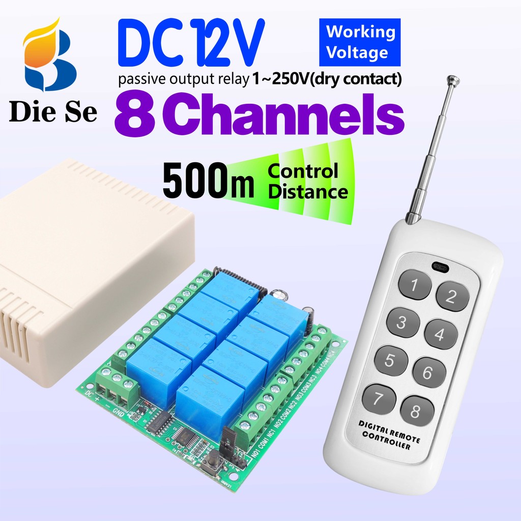 Interruptor de controle remoto sem fio RF 433MHz de 8 canais, módulo de relé DC 12V 10A para luz,ventilador,lâmpada,LED
