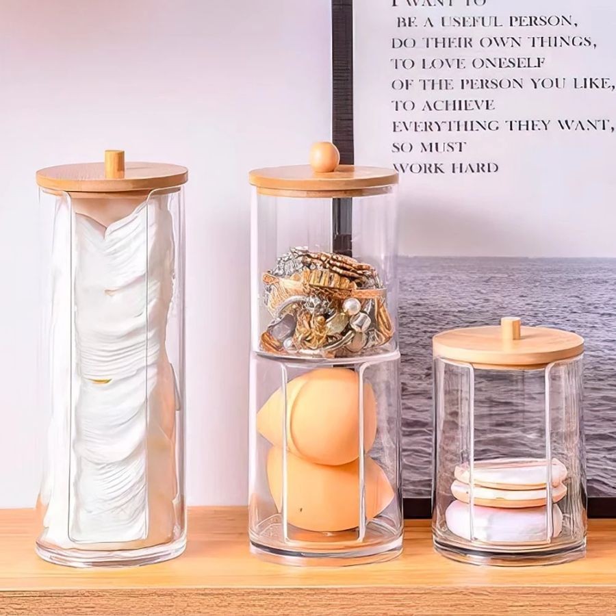 Conjunto Porta Algodão E Cotonete Em Acrílico Transparente Com Tampa De Bambu Resistente Simples