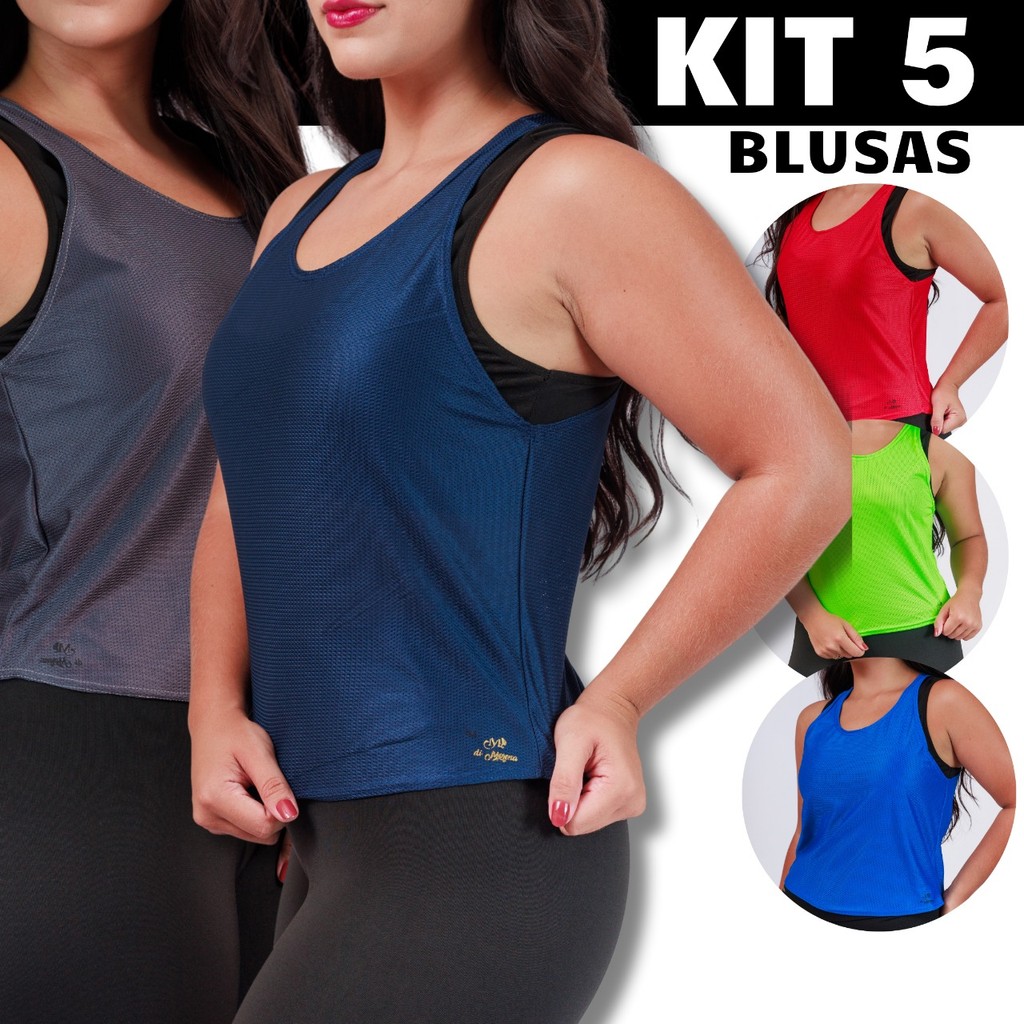 Kit com 5 Camisetas Regata Dry Fit Feminina Academia Esportiva em Oferta na Shopee