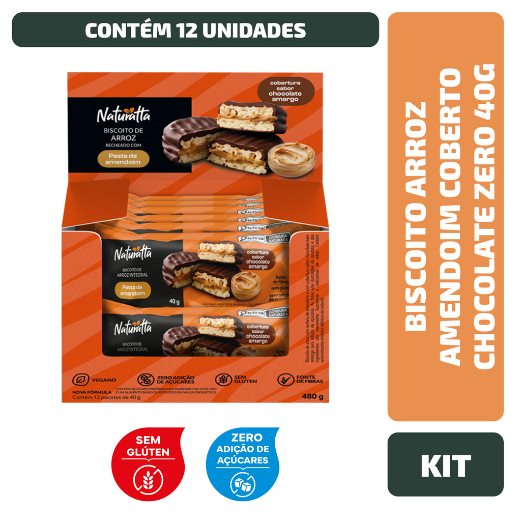 Kit Biscoito Arroz Amendoim Coberto Chocolate Zero Açúcar Naturatta 40G - 12 Unidades - Food & Beverages